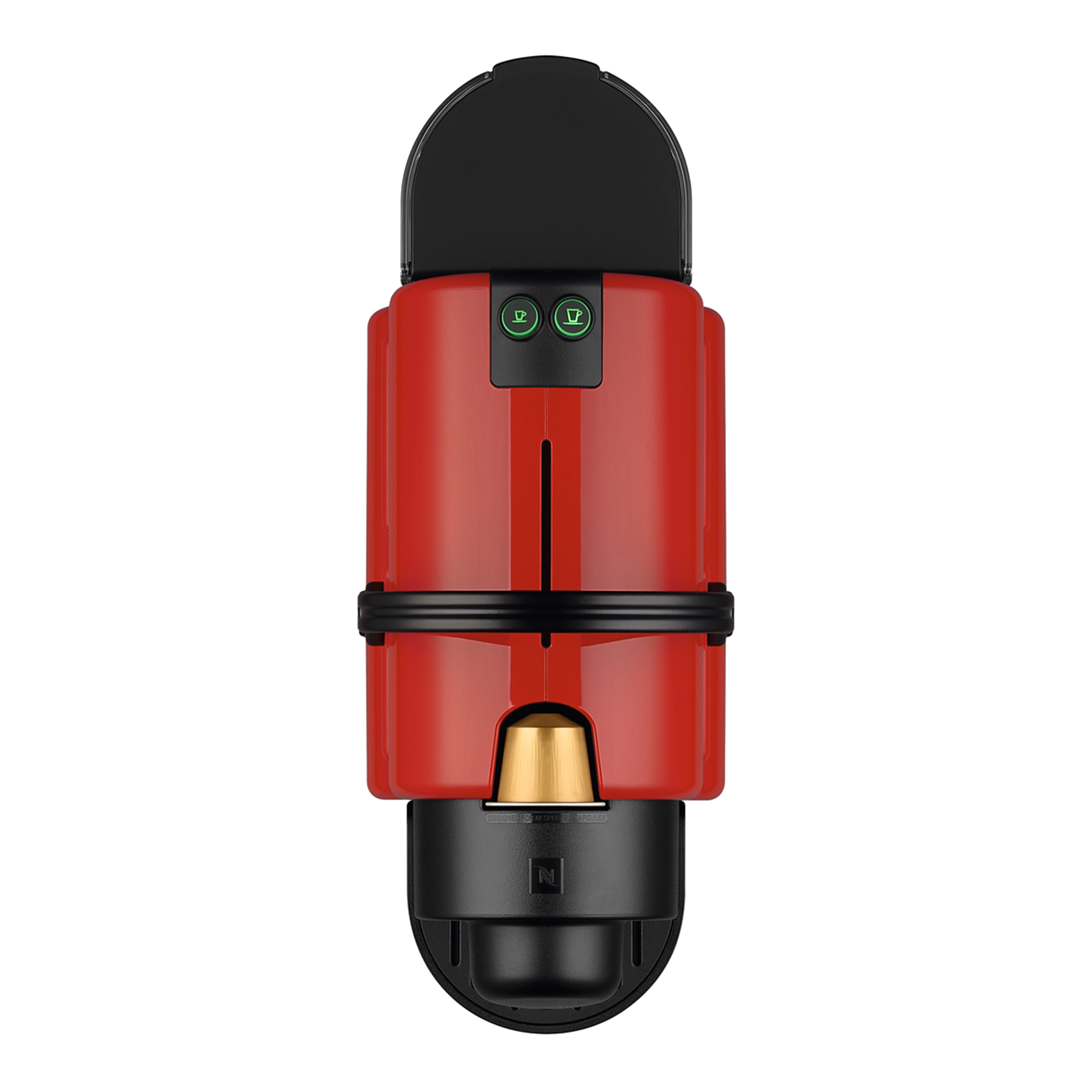 Una cafetera Nespresso roja y negra. Tiene una ranura para cápsulas, botones y una tapa negra. El fondo es blanco.