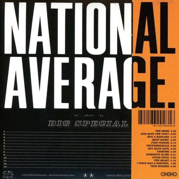 Albumcover: Nationale Durchschnitt. Weiße Schrift auf schwarzem und orangem Hintergrund.