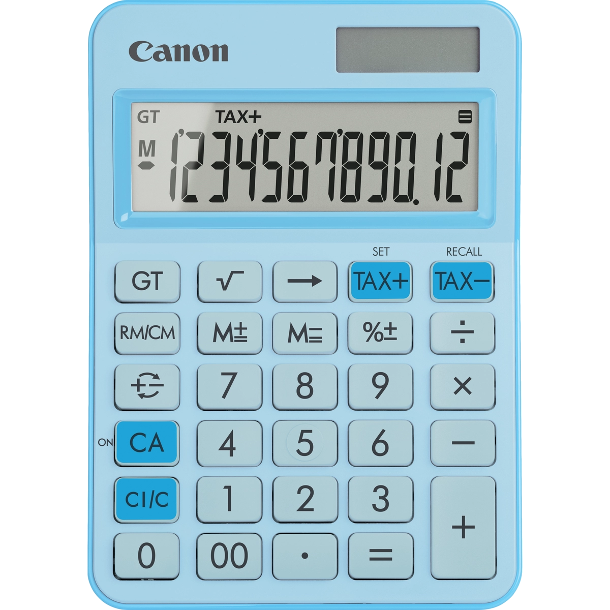 Jasnoniebieski kalkulator Canon wyświetla liczbę 1234567890,12. Klawisze są białe z numerami i symbolami.