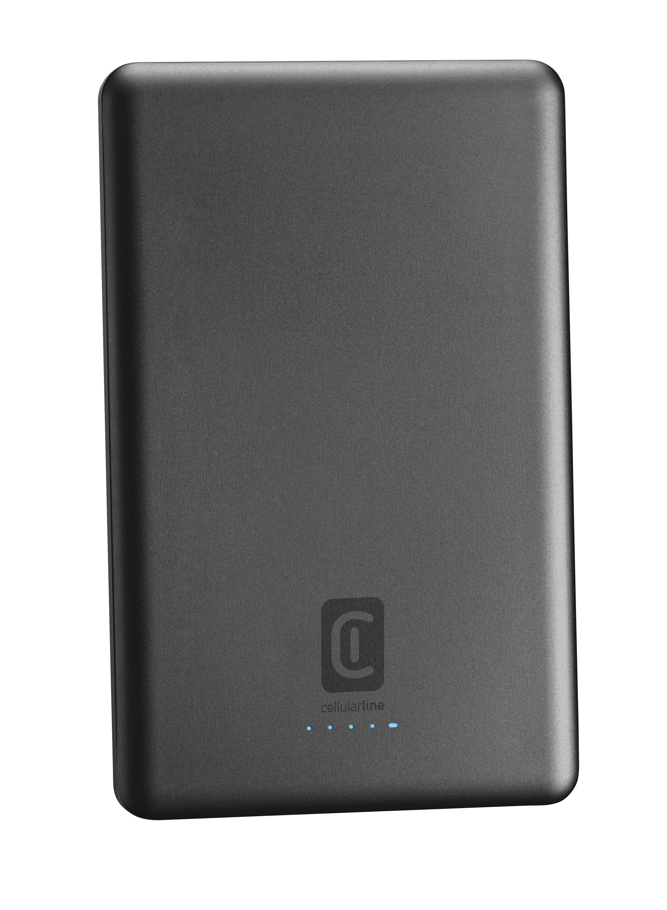 Eine graue Powerbank mit abgerundeten Ecken. Sie hat ein Logo und Kontrollleuchten unten. Der Hintergrund ist weiß.