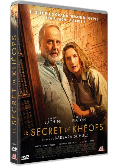 Couverture DVD de 'Le Secret de Khéops'. Avec deux acteurs, du texte et un fond égyptien, suggérant une chasse au trésor.
