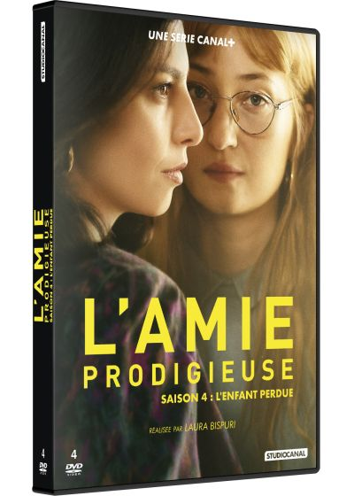 DVD-hoes van 'L'Amie Prodigieuse'. Toont gezichten van twee vrouwen, gele tekst en het Canal+-logo. De titel is prominent.