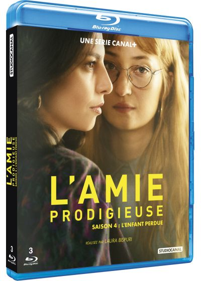 Couverture Blu-ray de 'L'Amie Prodigieuse'. Présente deux femmes, une avec des lunettes. Texte incluant titre, saison et nom du réalisateur.