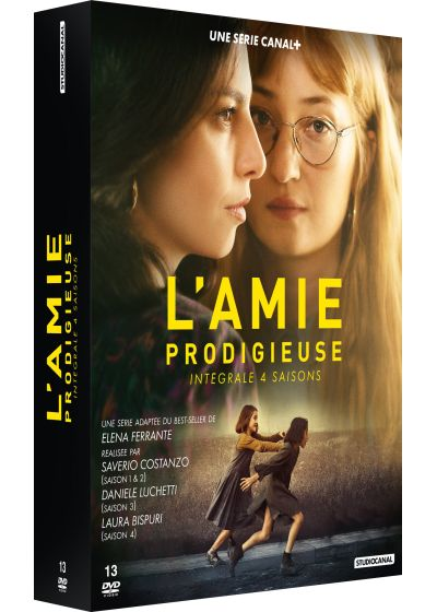 DVD-hoes voor L'Amie Prodigieuse. Twee vrouwen staan tegenover elkaar. Daaronder rennen twee meisjes. Tekst bevat serie- en seizoensdetails.
