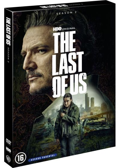 DVD-hoes voor 'The Last of Us: Seizoen 2'. Toont acteurs, titel en een post-apocalyptische achtergrond met de classificatie 16.