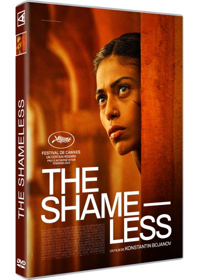 Couverture DVD du film "The Shameless". Présente un visage de femme, le texte du titre et des prix du festival sur fond marron.