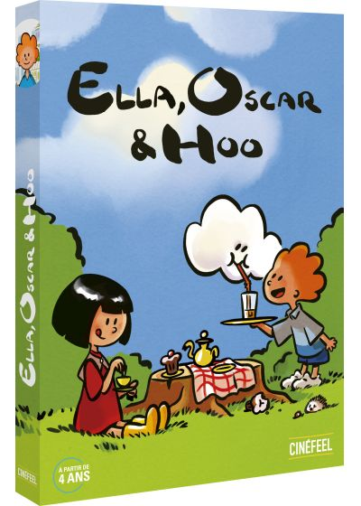 Tekenscène: Ella, Oscar & Hoo. Een meisje in het rood drinkt thee. Jongen serveert drankjes. Picknick op een boomstronk. Blauwe lucht met wolken.