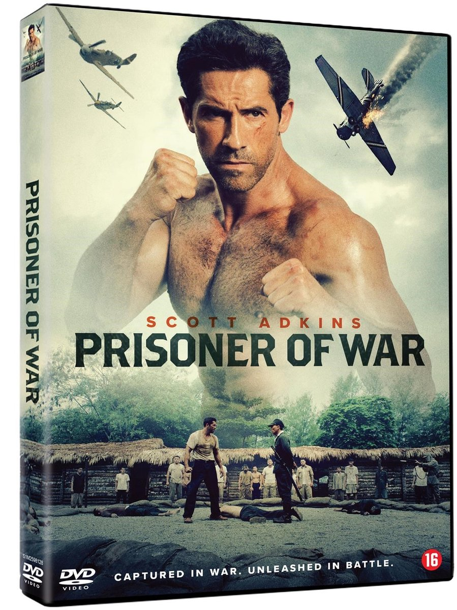 Couverture DVD : Scott Adkins pose, titre 'Prisoner of War'. Avions en vol. Scène d'hommes devant une cabane.