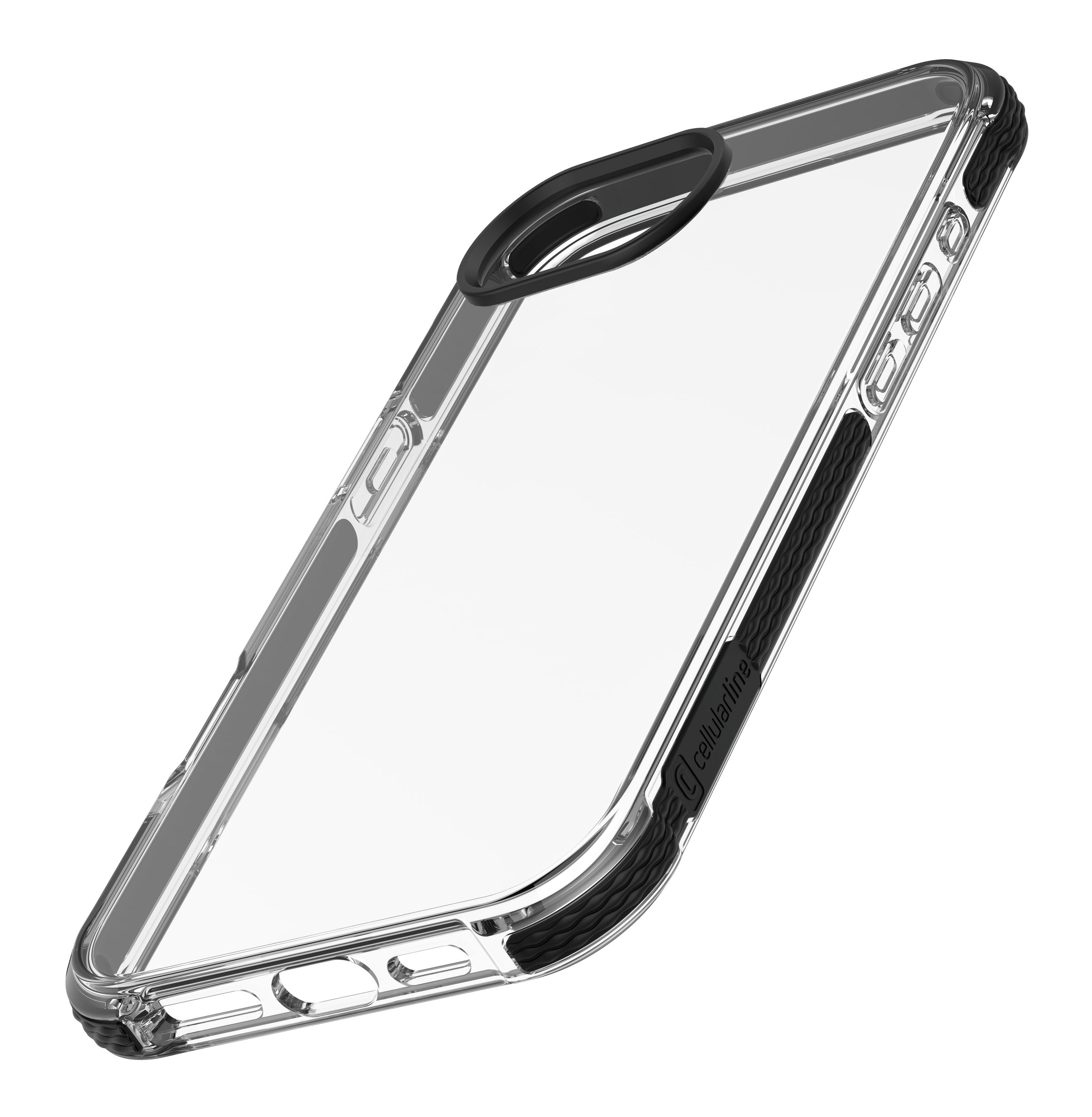 Transparente Handyhülle mit schwarzen Akzenten. Die Hülle ist transparent mit schwarzem Kameraring und Seitengriffen.
