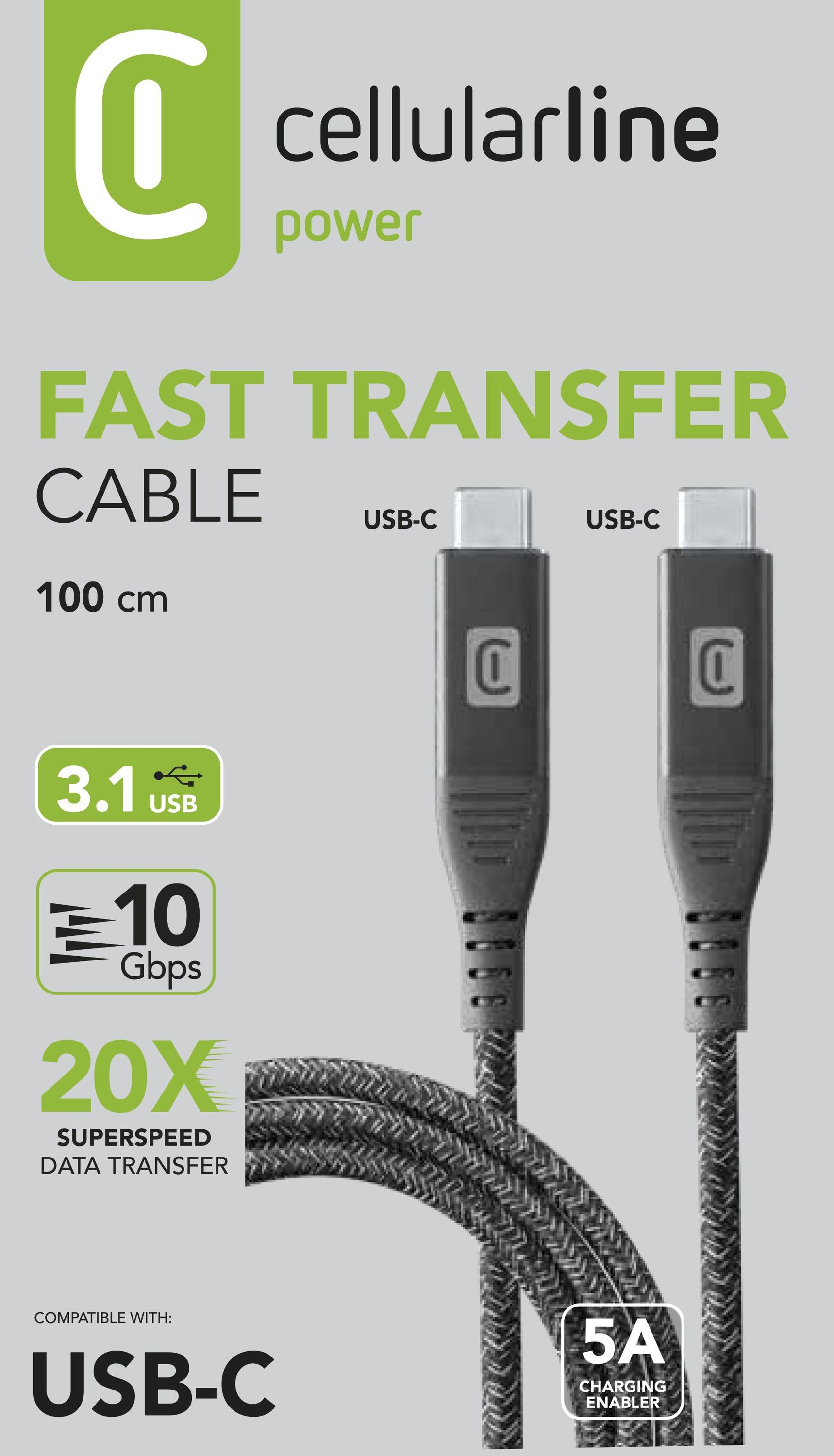 Das Bild zeigt ein Cellularline USB-C-Kabel. Es bietet schnelle Übertragung, 10 Gbit/s Geschwindigkeit und 5A Aufladung. Das Kabel ist 100 cm lang.