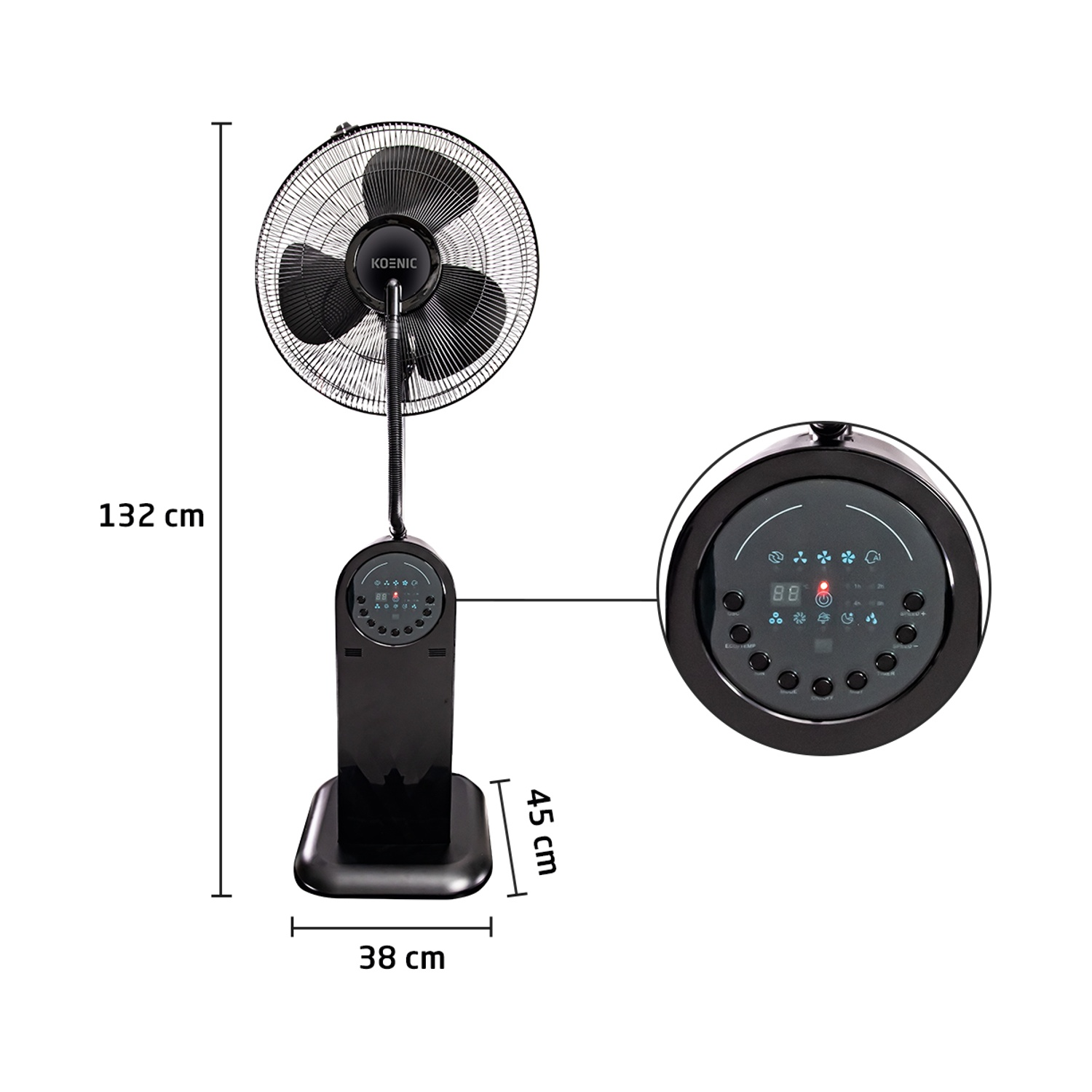 Ventilatore a colonna KOENIC nero. Ha una testa rotonda, controlli e misure: 132 cm di altezza, 38 cm di larghezza e 45 cm di profondità. Sfondo bianco.