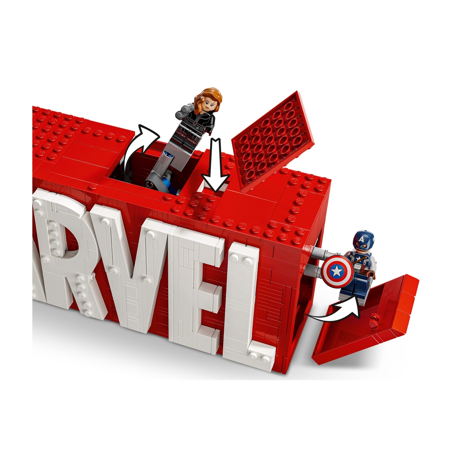 Set Lego Marvel. Blocco rosso con scritta 'MARVEL' bianca. Include i personaggi di Vedova Nera e Capitan America.