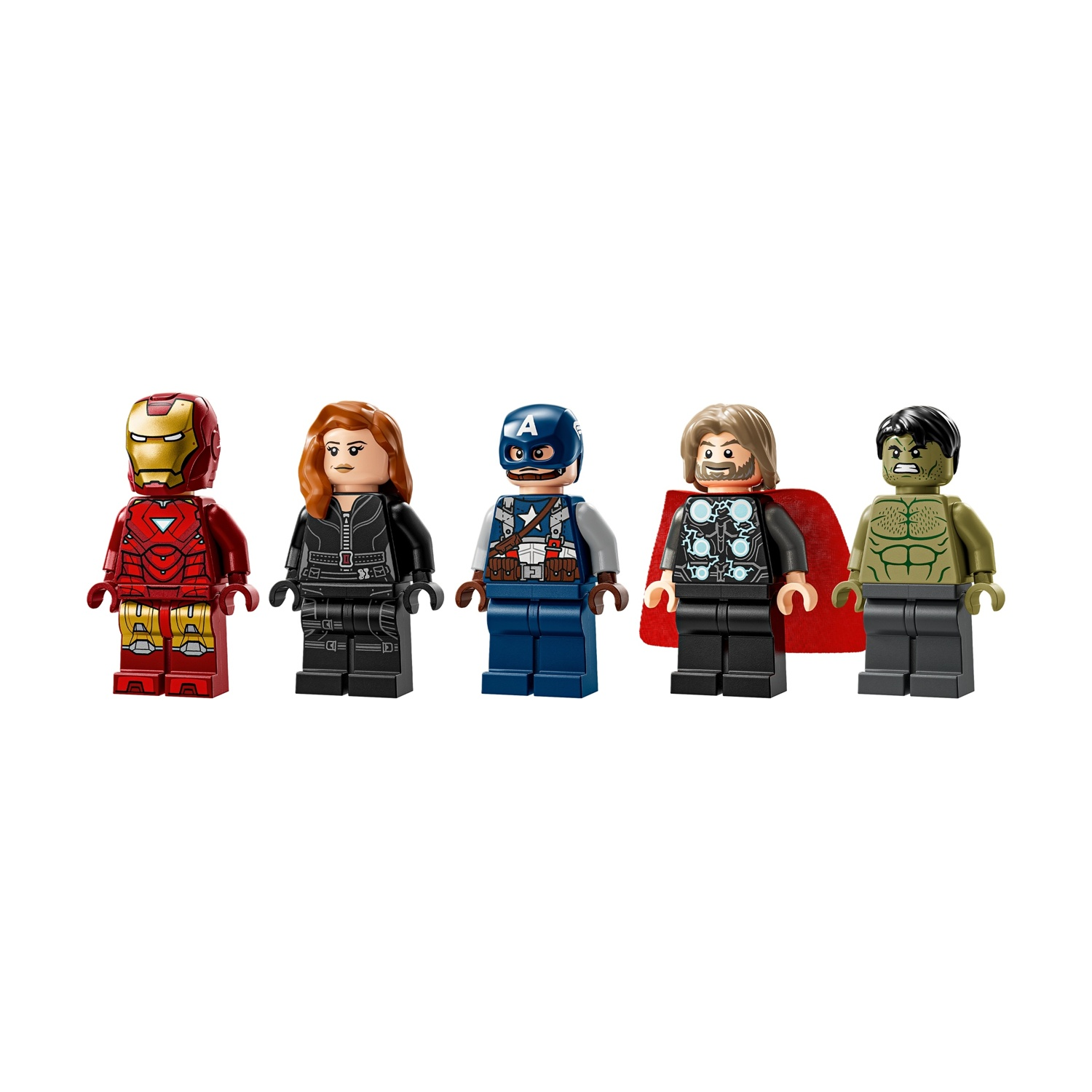 Personaggi Lego di Iron Man, Vedova Nera, Capitan America, Thor con mantello e Hulk. Tutti su sfondo bianco.