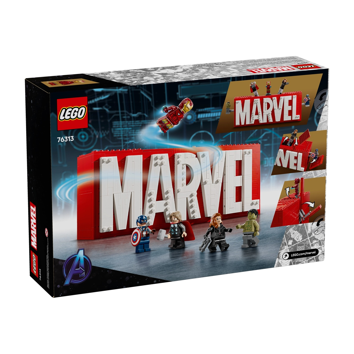 Scatola del set Lego Marvel con il logo Marvel e personaggi Lego di Capitan America, Thor, Vedova Nera, Hulk e Iron Man.
