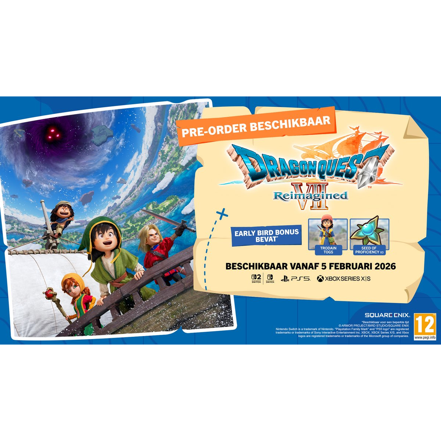 Dragon Quest VII game cover. Personages op een boot, een donker portaal op de achtergrond. Tekst: Pre-order, beschikbaar vanaf 5 februari 2026.