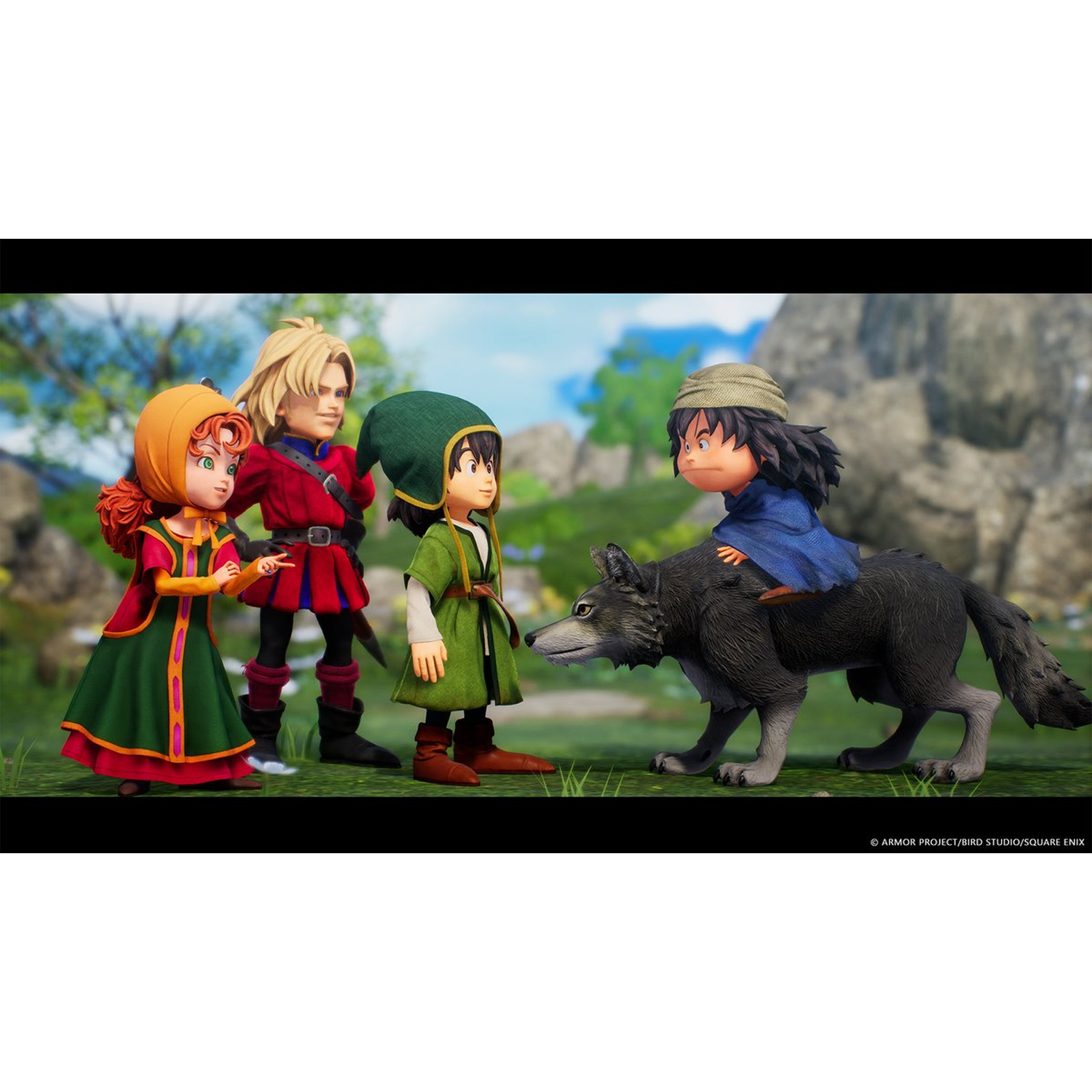 Vier kinderen staan op gras. Eén rijdt op een wolf. Groene bomen en een berg op de achtergrond. Personages dragen kleurrijke outfits.