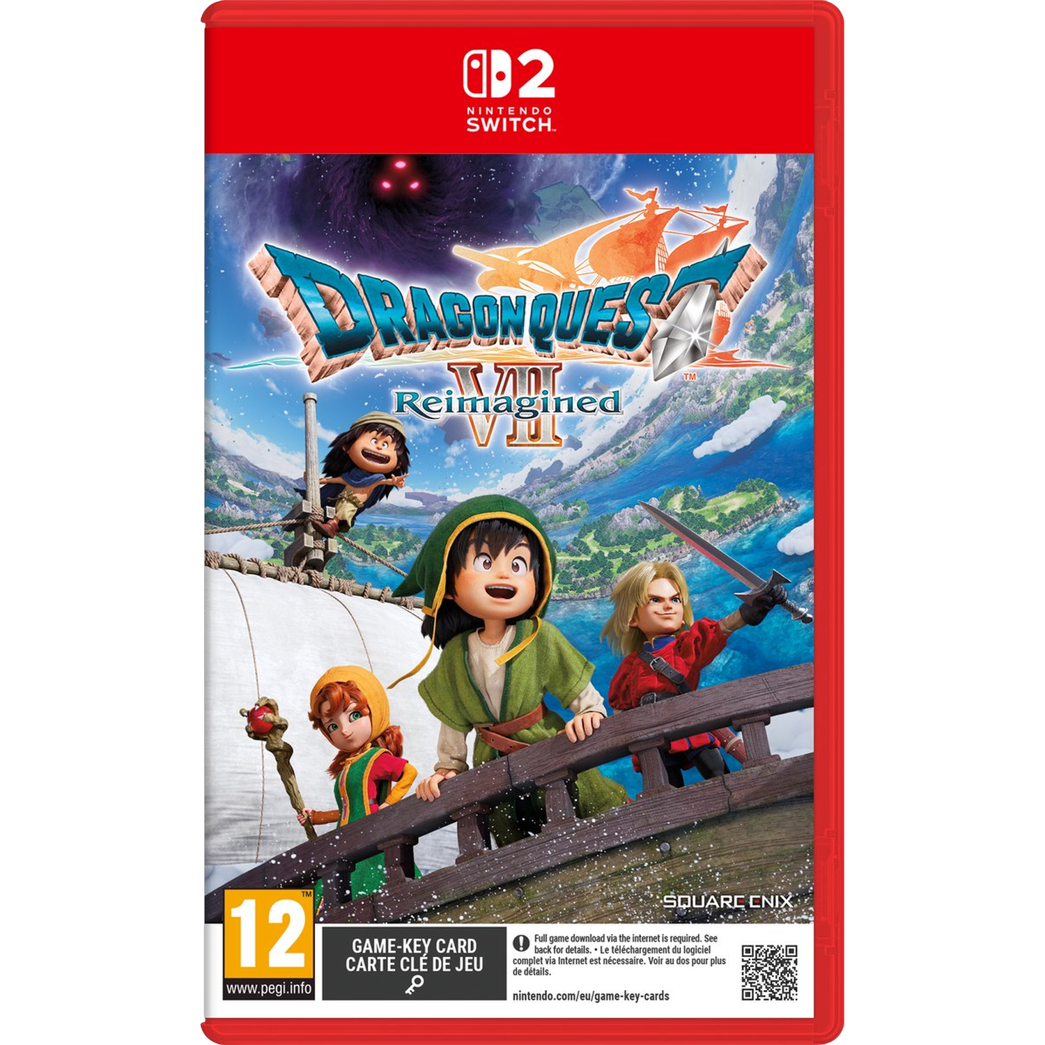 Gamecover voor Dragon Quest VII Reimagined. Toont personages op een schip, met een fantasie-achtergrond en het Nintendo Switch-logo.
