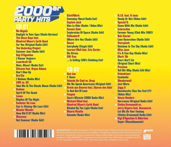Cover der CD-Sammlung '2000er Party Hits' mit Titellisten für CD1 und CD2.
