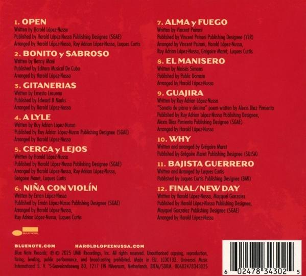 Albumcover mit Songtiteln, Credits und Barcode. Roter und weißer Text auf weinrotem Hintergrund.