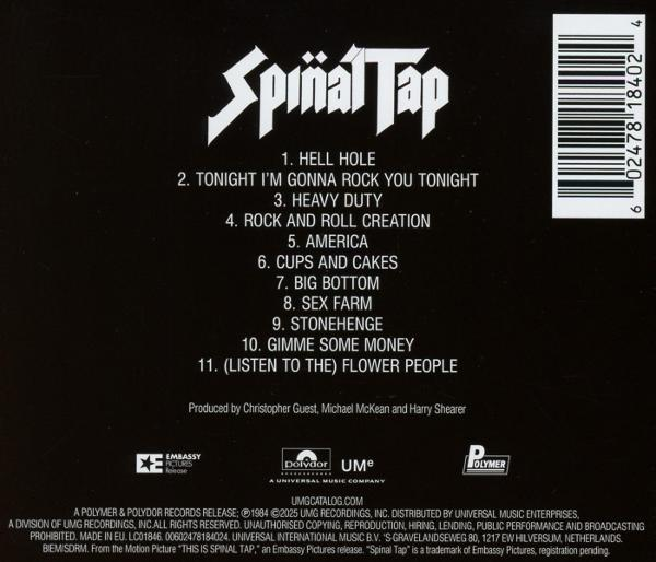 Albumcover für Spinal Tap. Schwarzer Hintergrund mit weißem Text. Listet Songs, Produzenten und Logos auf.
