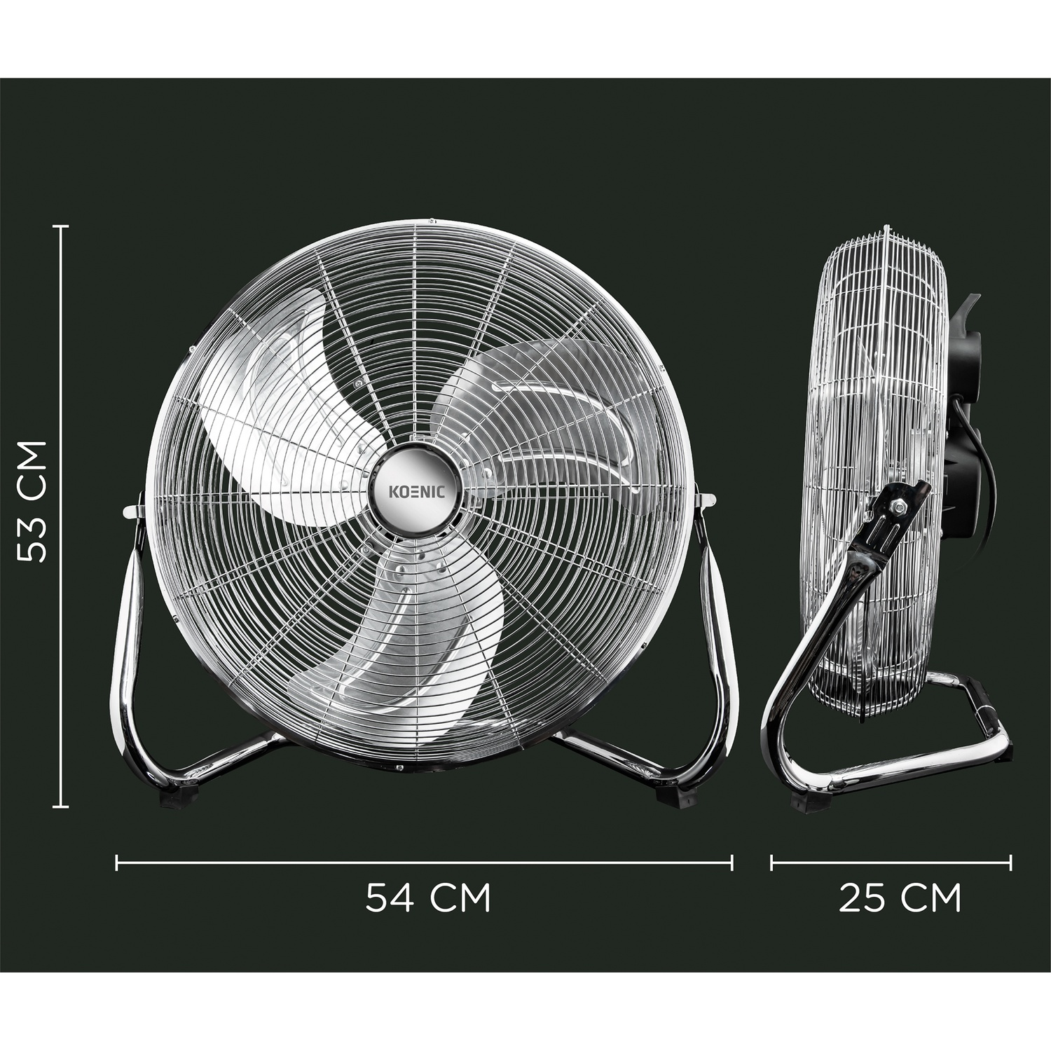 Un ventilatore Koenic su sfondo scuro. Il ventilatore è argentato con dimensioni indicate. Il ventilatore è mostrato di fronte e di lato.