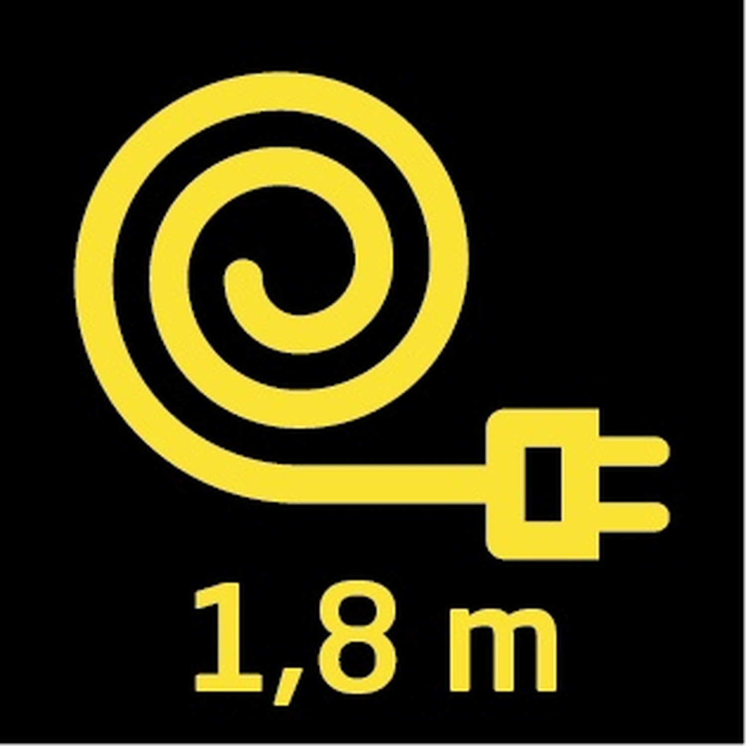 Cavo giallo a spirale con spina e la scritta '1,8 m' su sfondo nero.