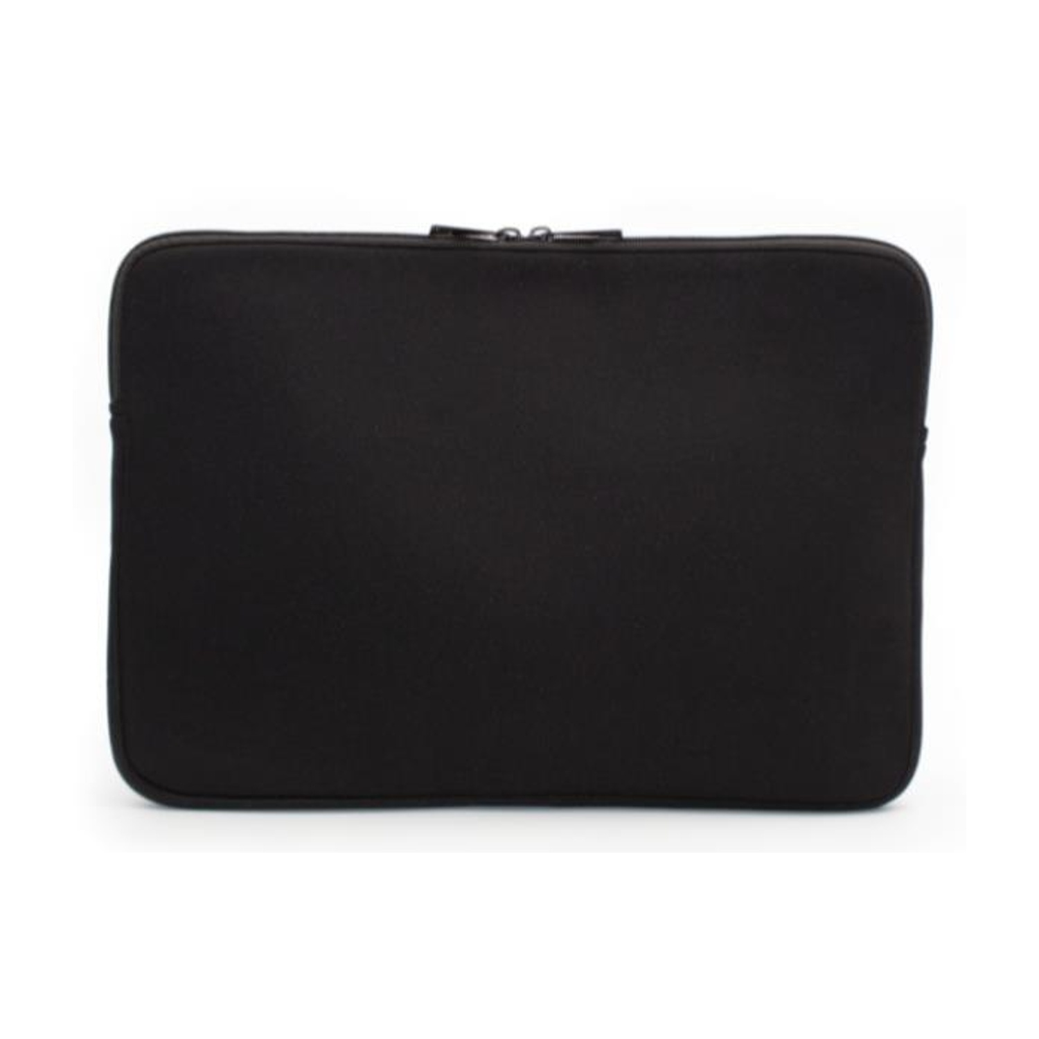 Una custodia nera per laptop su sfondo bianco. Ha una cerniera nella parte superiore. La custodia è rettangolare con angoli arrotondati.