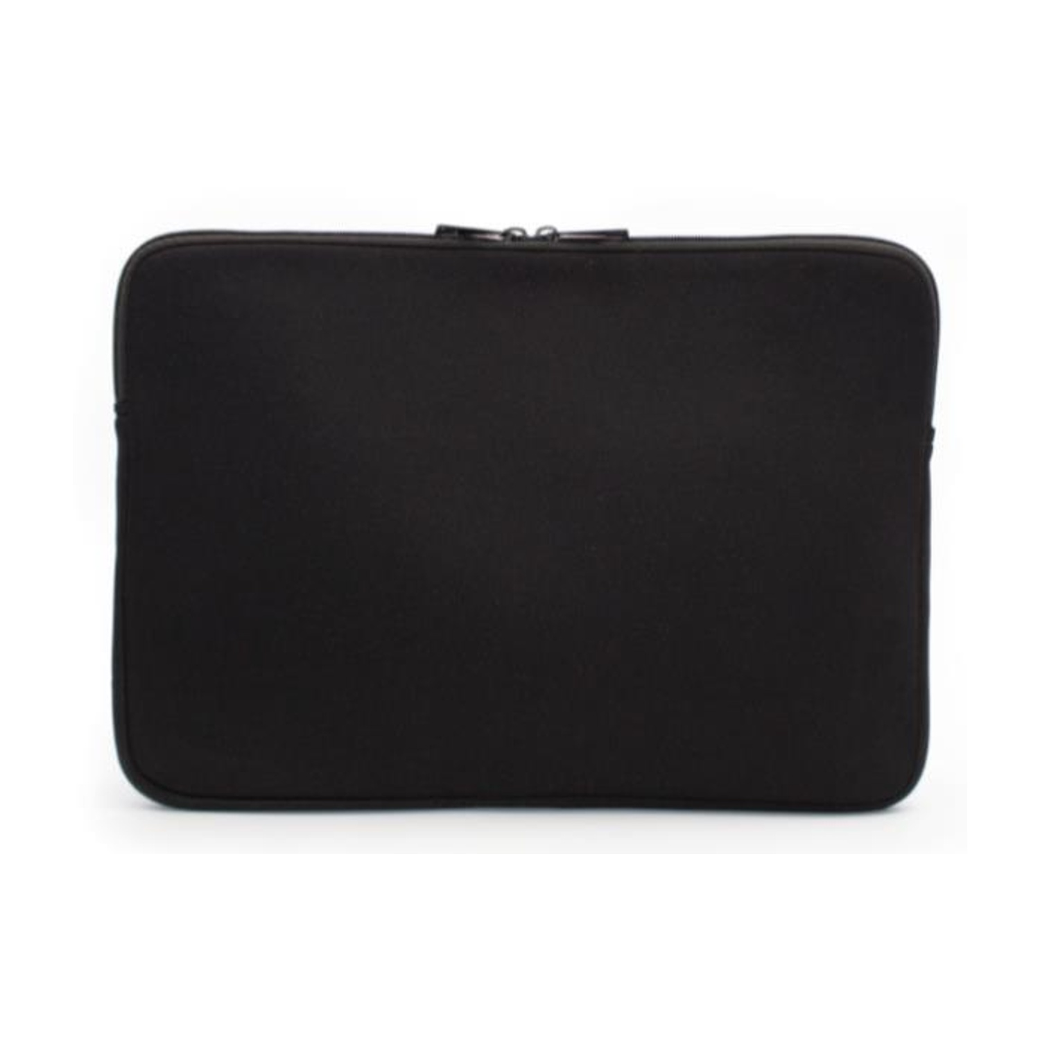 Una custodia nera per laptop su sfondo bianco. Ha una cerniera nella parte superiore.