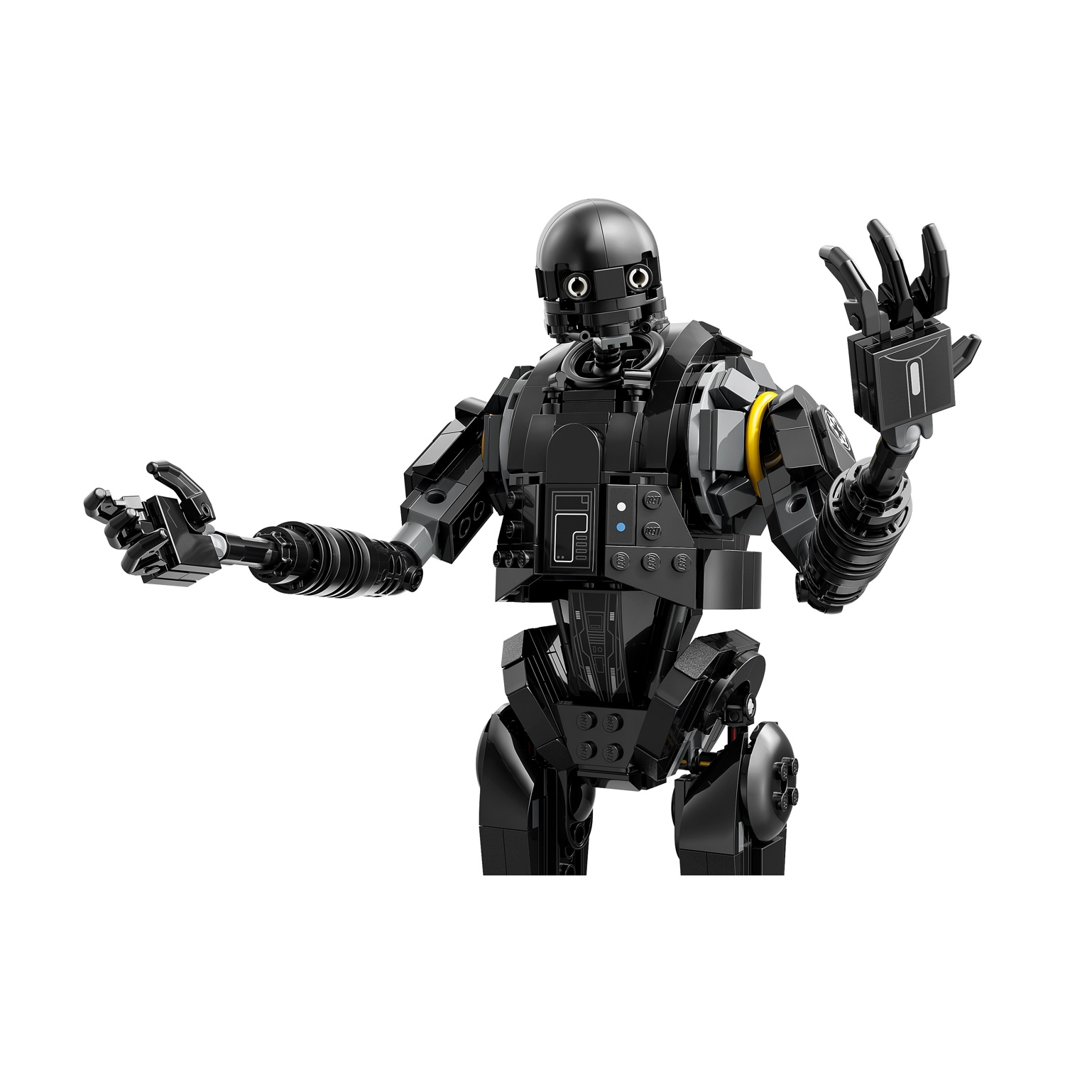 Un robot Lego nero con braccia mobili e testa rotonda su sfondo bianco. Ha dettagli gialli e grigi.