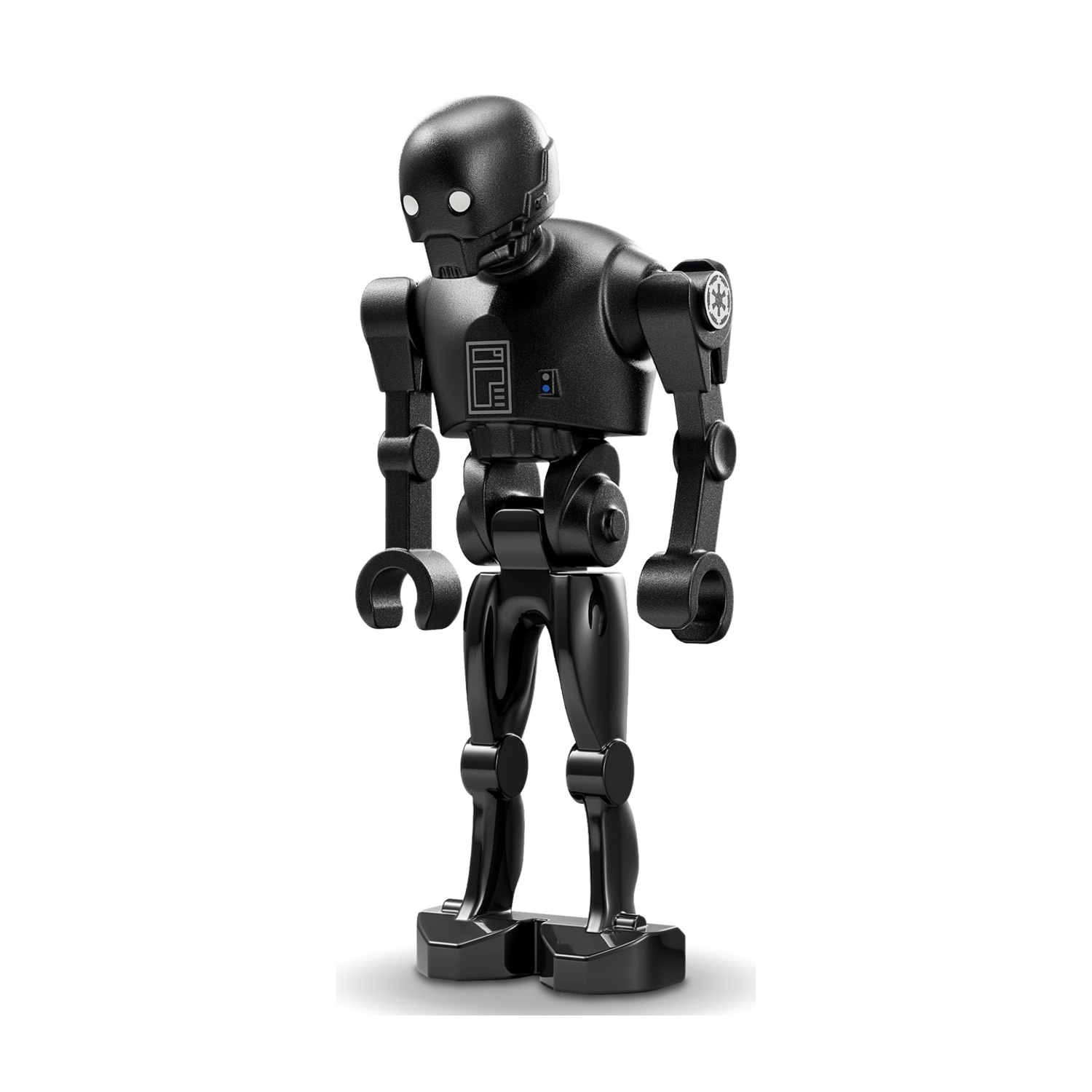 Una figura LEGO nera K-2SO è in piedi su uno sfondo bianco. Ha testa, corpo, braccia e gambe neri. La figura ha occhi bianchi.