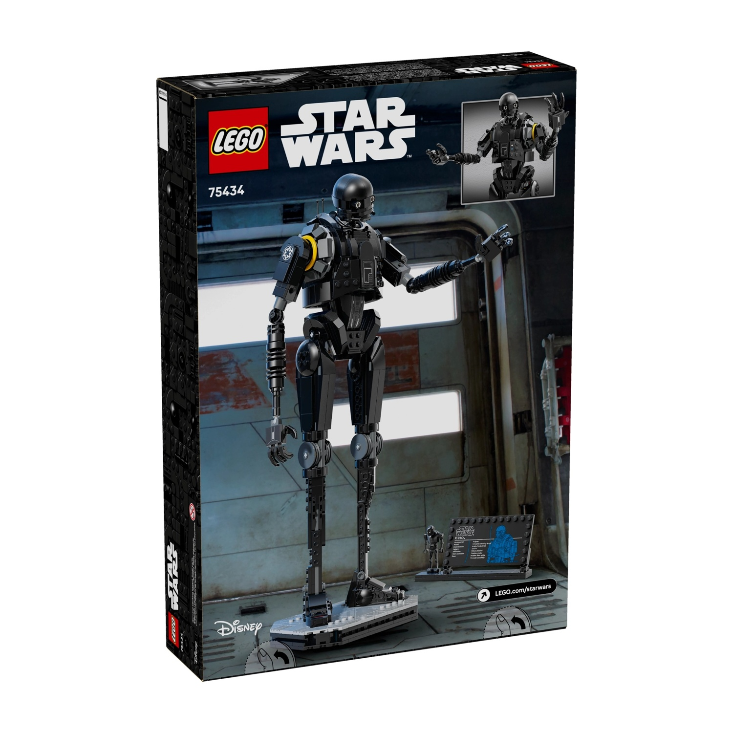 Scatola Lego Star Wars K-2SO. Figura K-2SO sulla scatola. Figura di robot nero con dettagli gialli. Loghi Lego e Disney visibili.