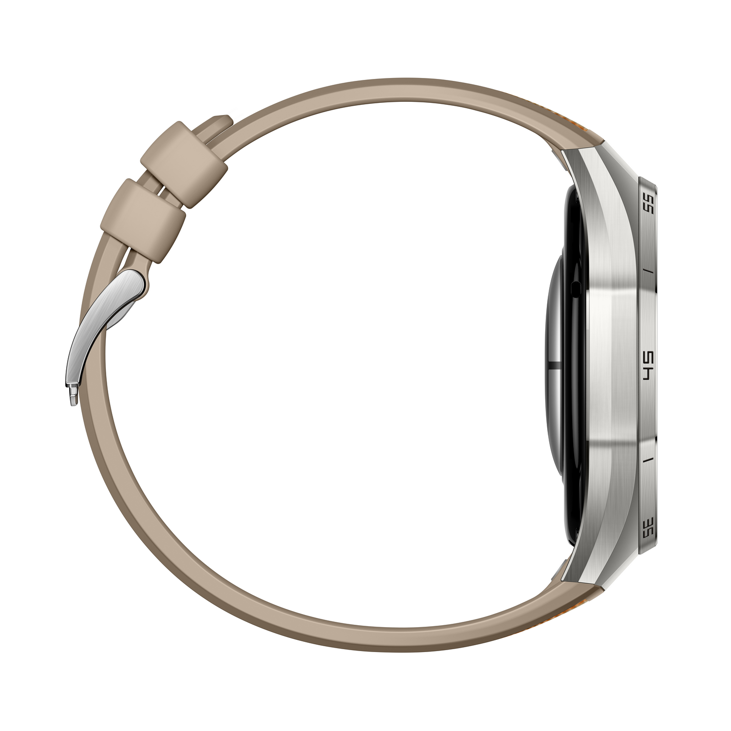 Un reloj inteligente plateado con correa color canela. La esfera es negra. Los números 35, 45 y 55 son visibles en el lateral.
