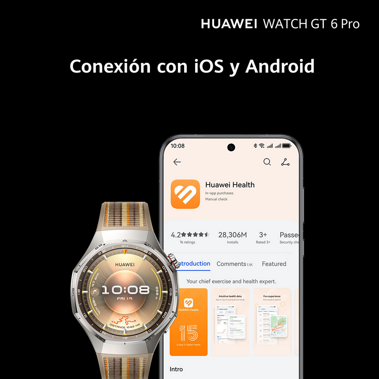 Se muestra un reloj Huawei y una pantalla de teléfono. El reloj muestra la hora. El teléfono muestra la aplicación Huawei Health.