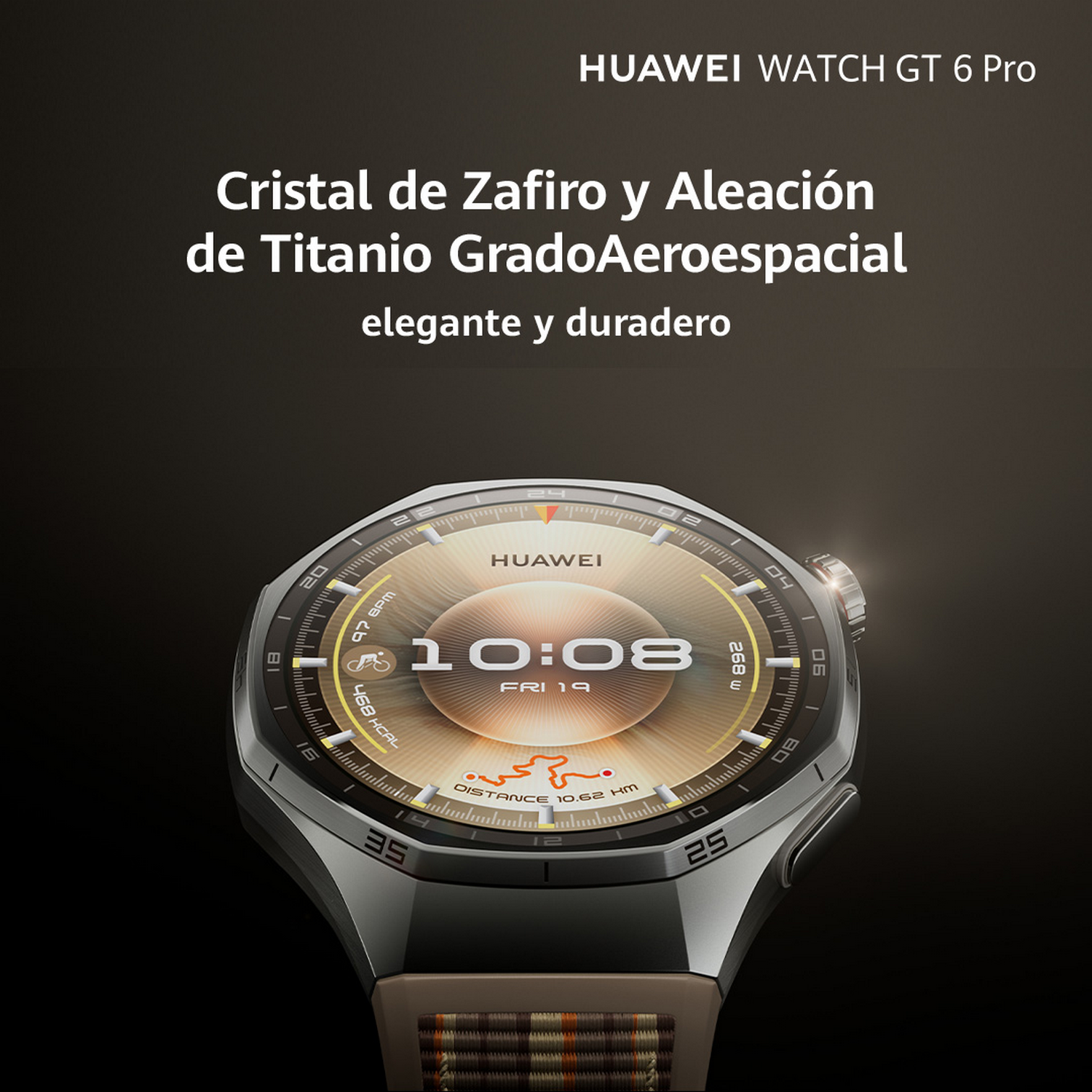 Un reloj Huawei Watch GT 6 Pro muestra la hora, la fecha y las métricas de fitness. Tiene un bisel metálico y una correa estampada, sobre un fondo oscuro.