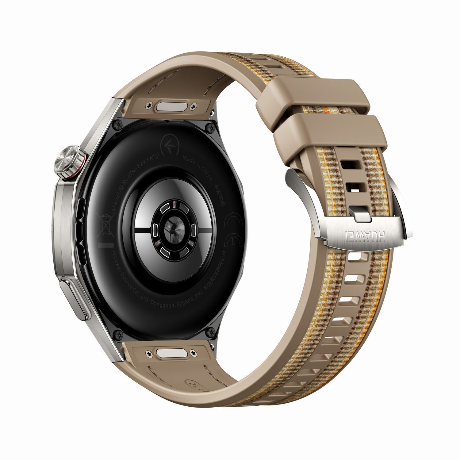 Un smartwatch Huawei con correa beige y a cuadros se muestra sobre un fondo blanco, visto desde atrás.