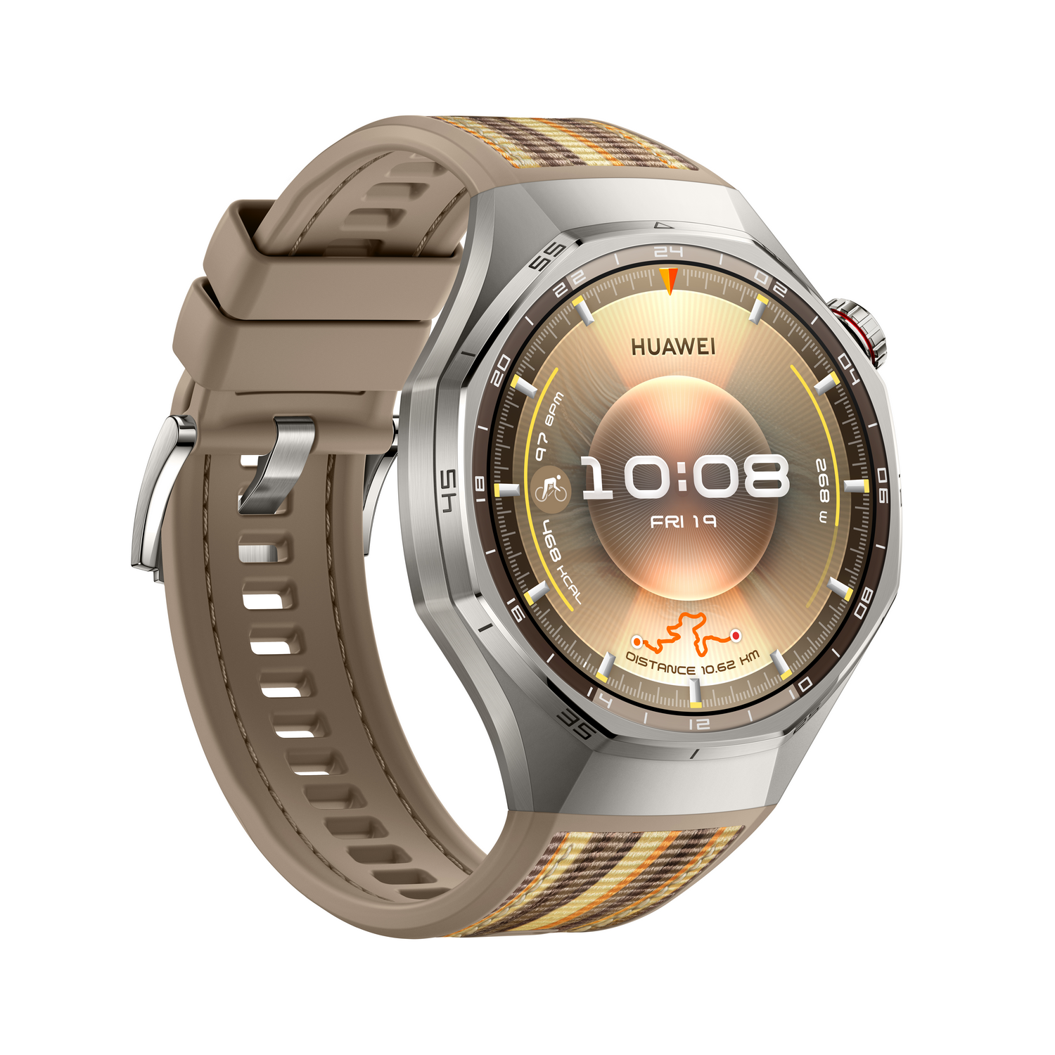 Un reloj inteligente Huawei plateado y marrón. Muestra la hora, fecha y métricas de fitness en una pantalla circular con correa estampada.