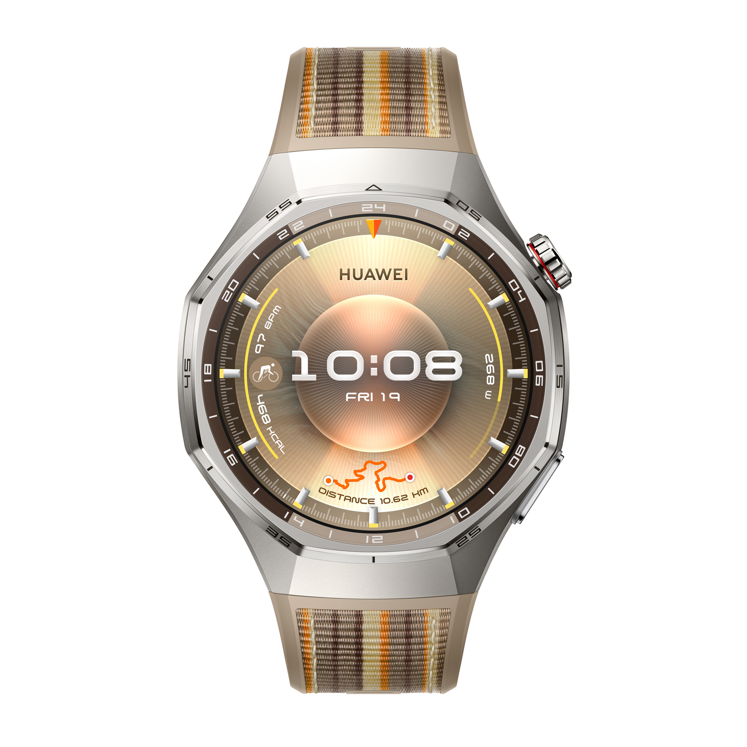 Un reloj inteligente con correa a rayas beige y marrón. La esfera muestra la hora, la fecha y métricas de fitness como distancia y frecuencia cardíaca.