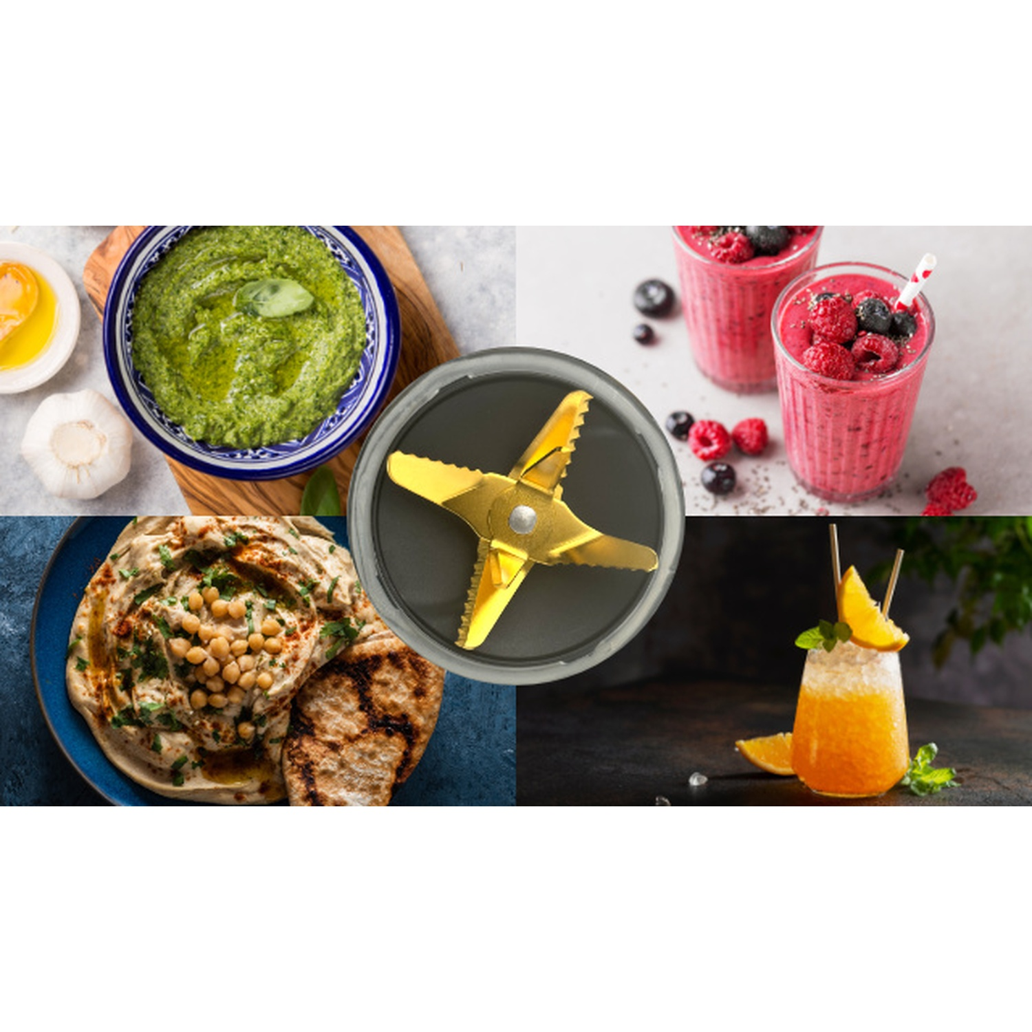 Vari cibi: pesto, frullati, hummus e un cocktail all'arancia, accanto a una lama del frullatore.