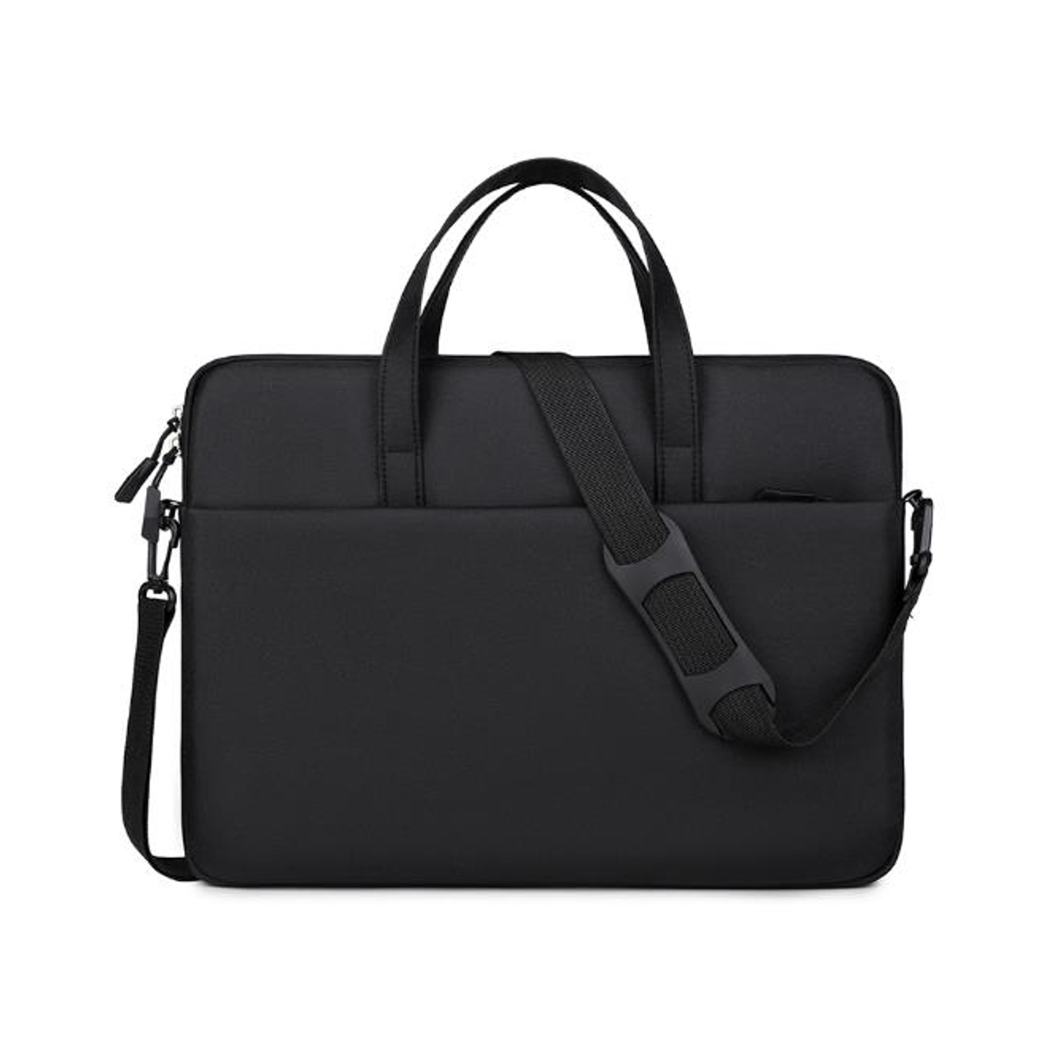 Una borsa nera per laptop con manici e tracolla. È rettangolare e sembra essere fatta di un materiale liscio.