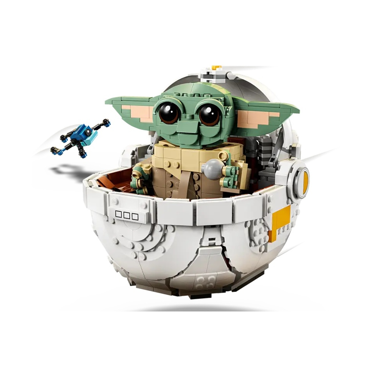 Set LEGO di Baby Yoda in una capsula con un piccolo droide blu volante. La capsula è bianca e grigio chiaro, con dettagli gialli.