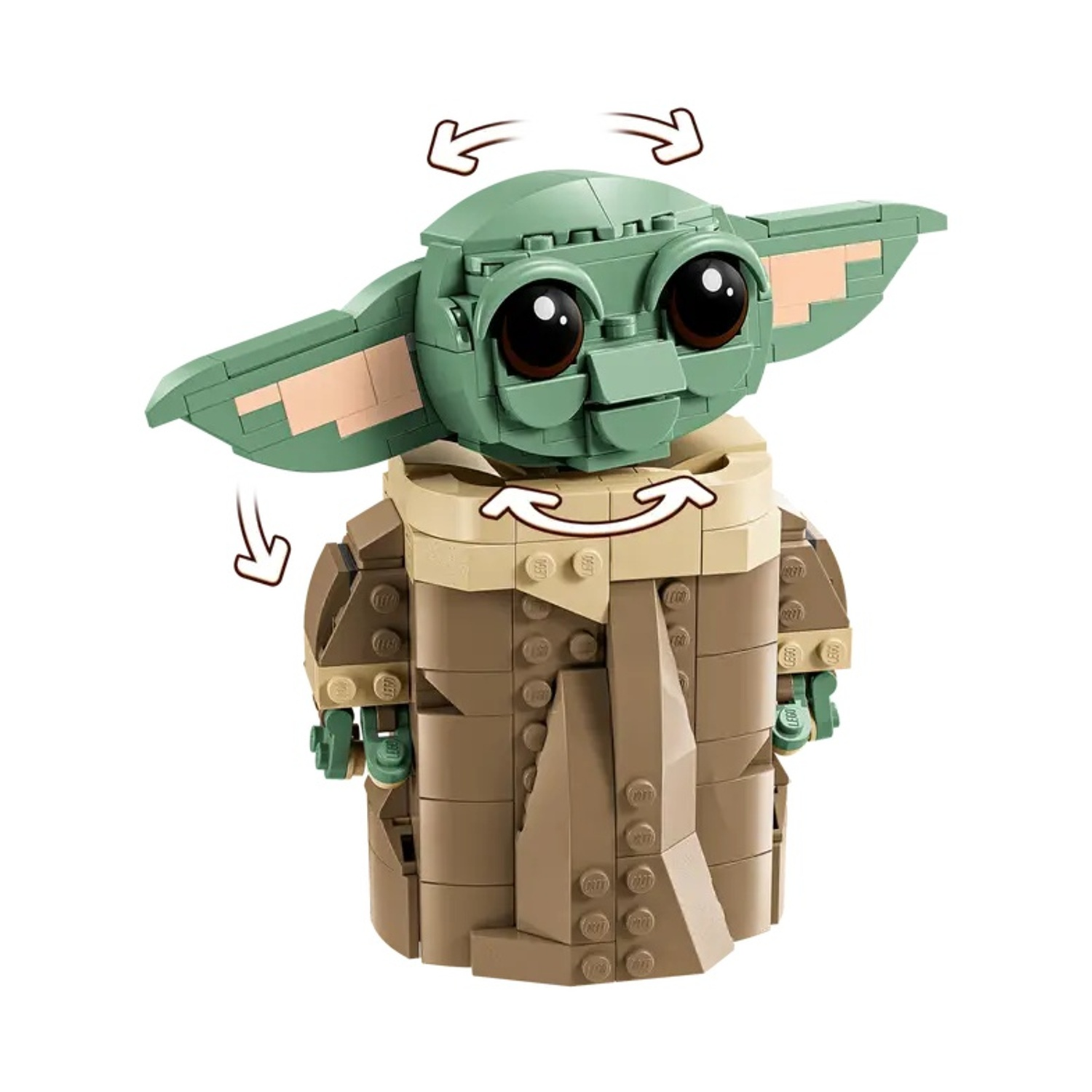 Una figura Lego di Grogu, con grandi orecchie e grandi occhi, indossa un mantello marrone. Lo sfondo è bianco.