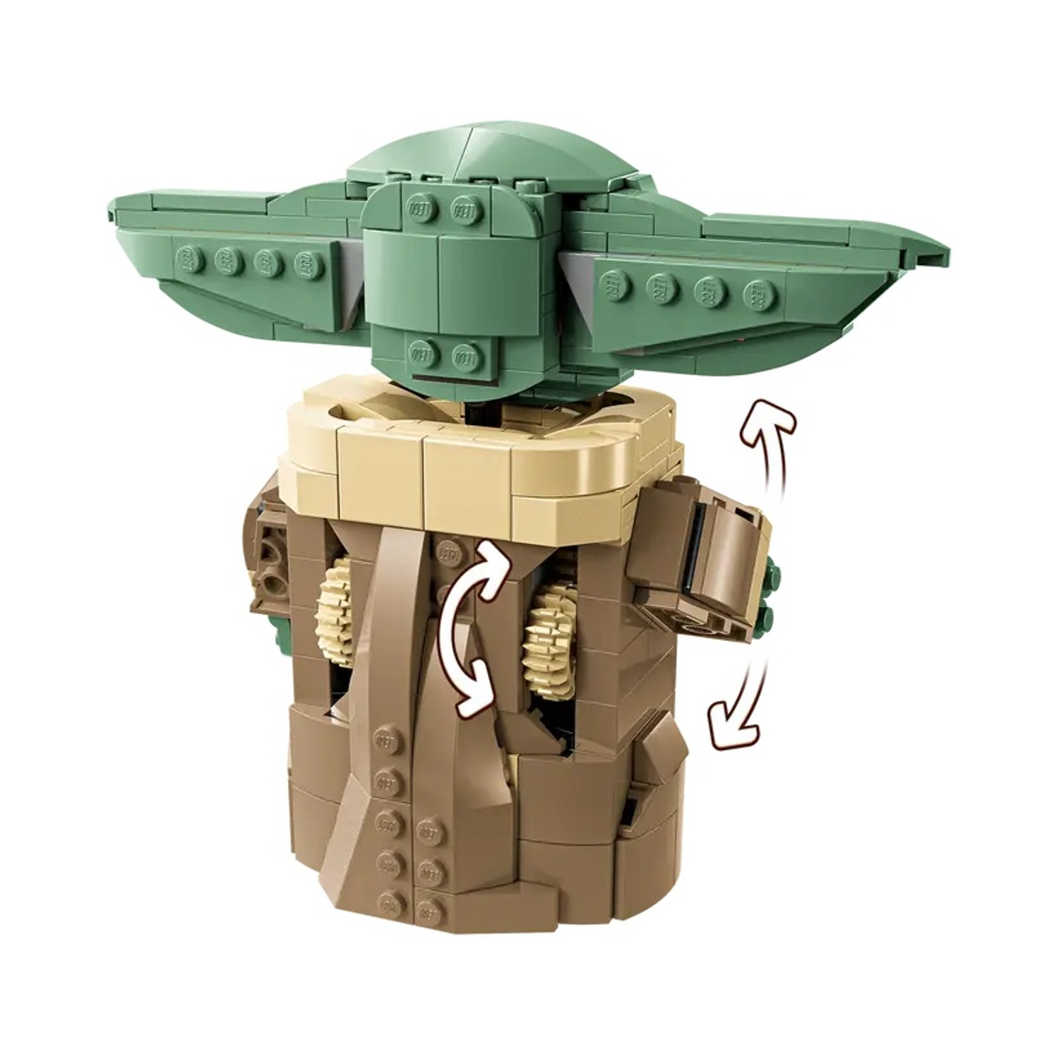 Una statuetta Lego di Grogu in posizione seduta. Ha testa e orecchie verdi, corpo beige e abiti marroni con ingranaggi ai lati.