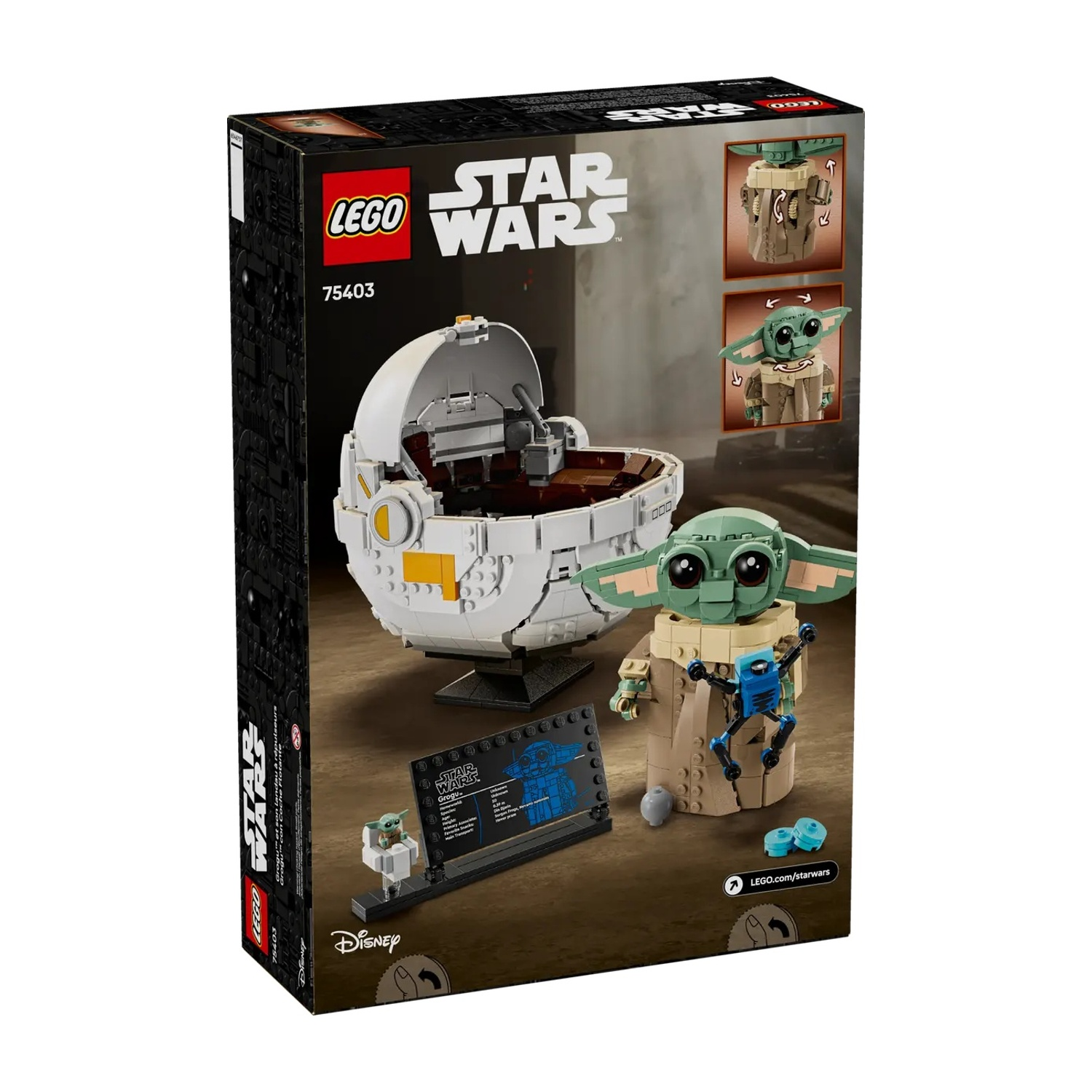 Scatola del set LEGO Star Wars. Presenta Grogu e la sua culla fluttuante. Include immagini della costruzione e della figura di Grogu.