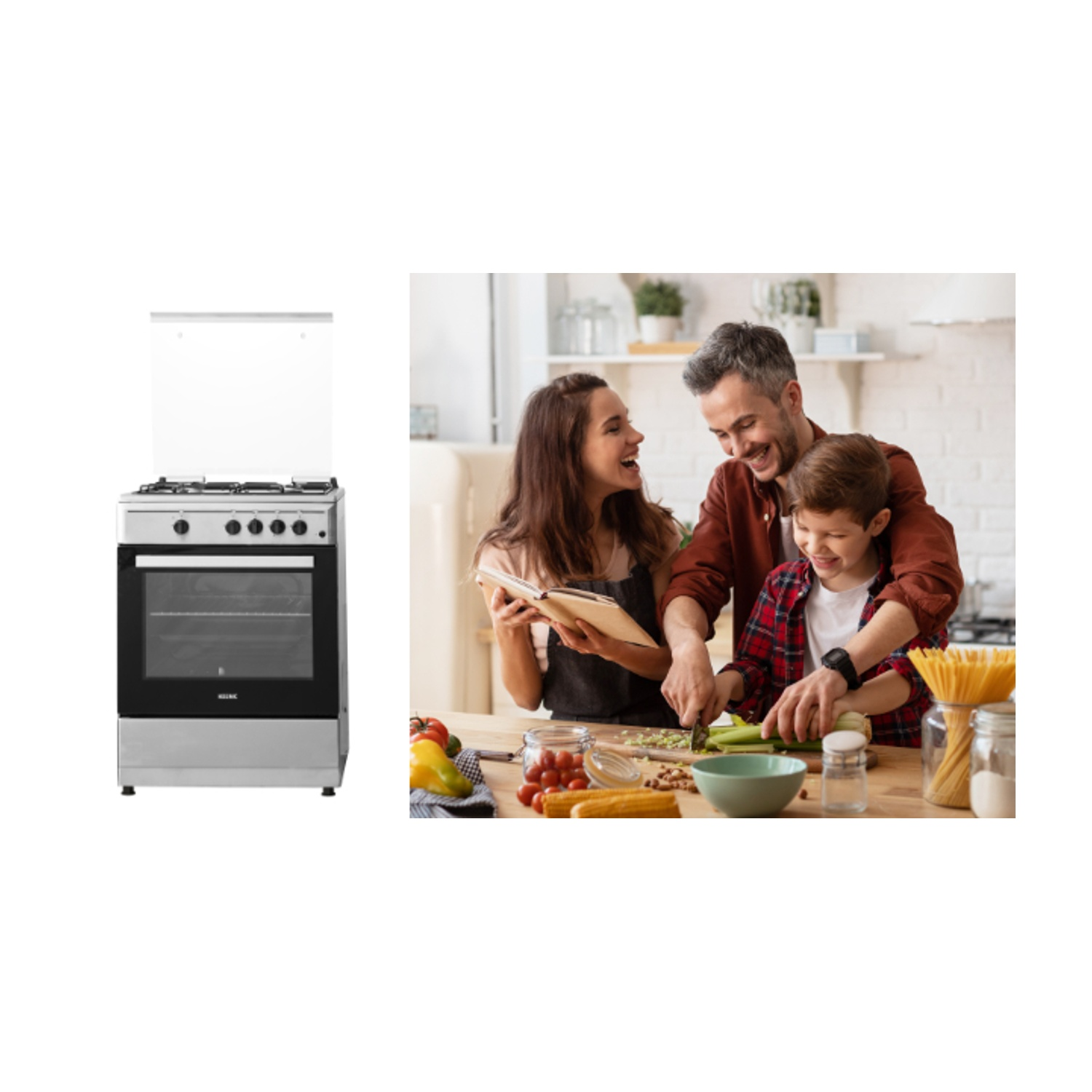 Una famiglia cucina in cucina. Un fornello è a sinistra. La famiglia taglia le verdure. Pasta e ingredienti sul tavolo.