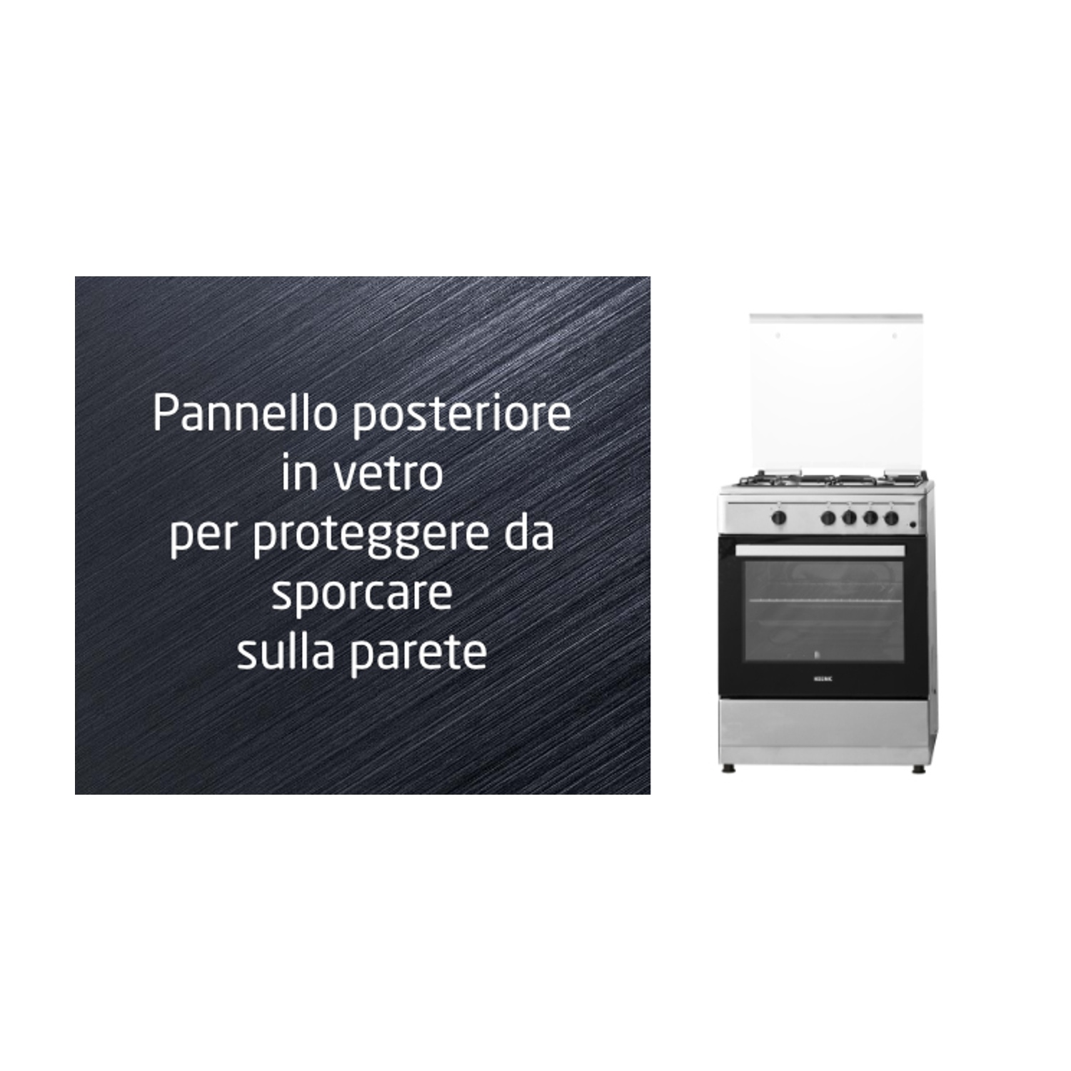Un forno in acciaio inox con porta a vetro, coperchio aperto. Testo a sinistra: 'Pannello posteriore in vetro per proteggere dallo sporco del muro'.