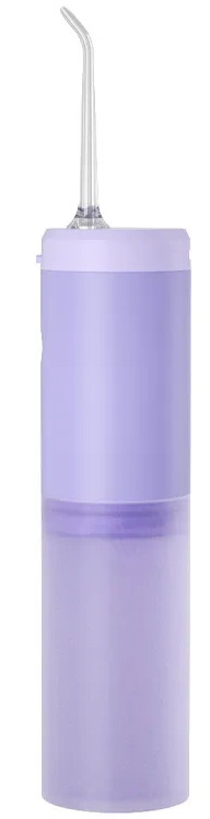 Pokazano fioletowy irygator do zębów. Ma przezroczystą, zakrzywioną końcówkę u góry. Korpus jest cylindryczny, jasnofioletowy z ciemniejszym pasmem.