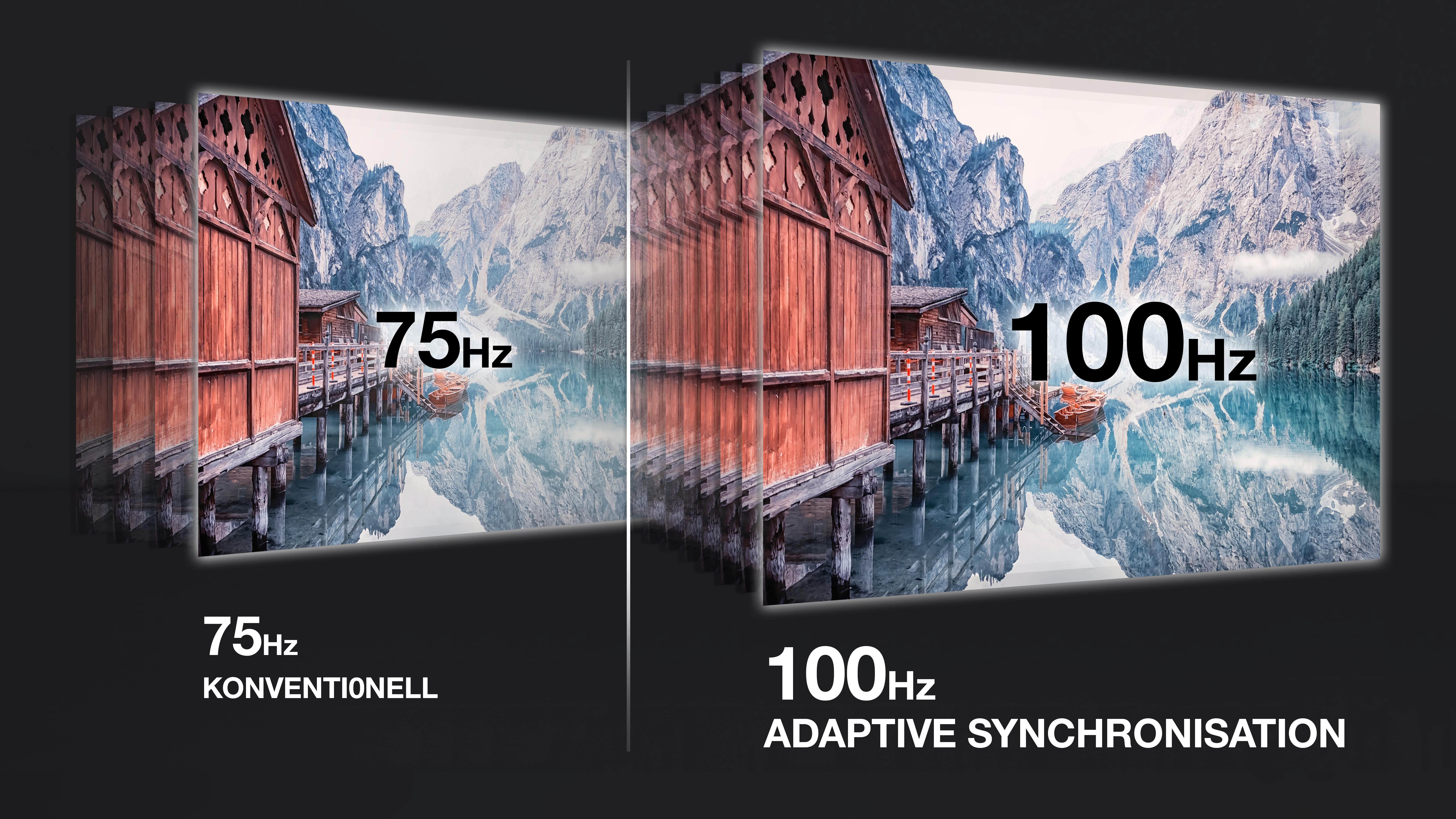 Bild vergleicht 75Hz- und 100Hz-Displays. Zeigt Holzgebäude an einem See, Berge im Hintergrund. Text beschreibt die Bildwiederholfrequenzen.