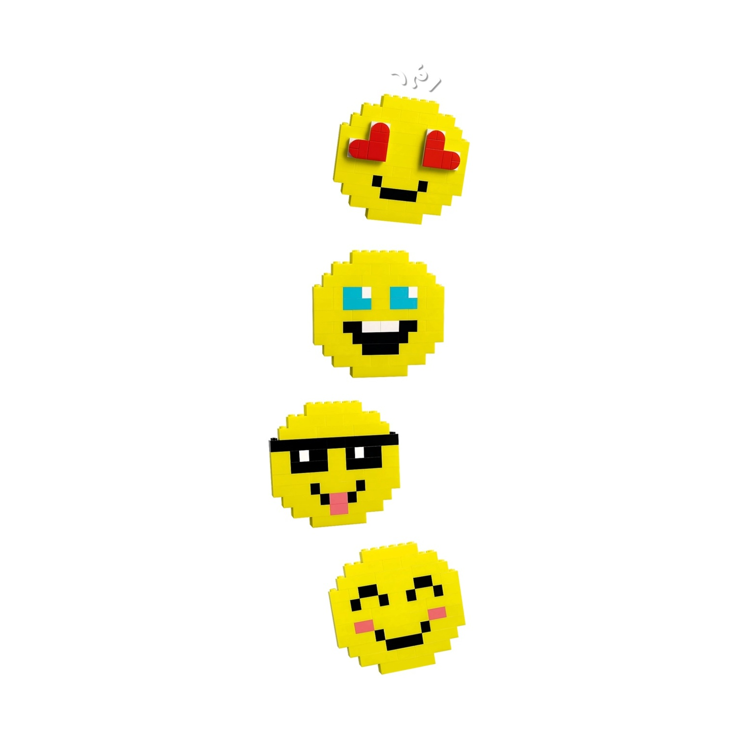 Quattro emoji gialli pixelati su sfondo bianco. Ogni emoji ha espressioni diverse: cuori, sorriso, occhiali da sole e rossore.