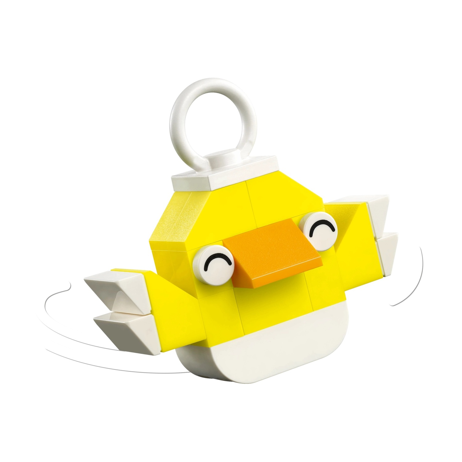 Un'anatra Lego gialla con dettagli bianchi, becco arancione e un anello bianco in alto, su sfondo bianco.