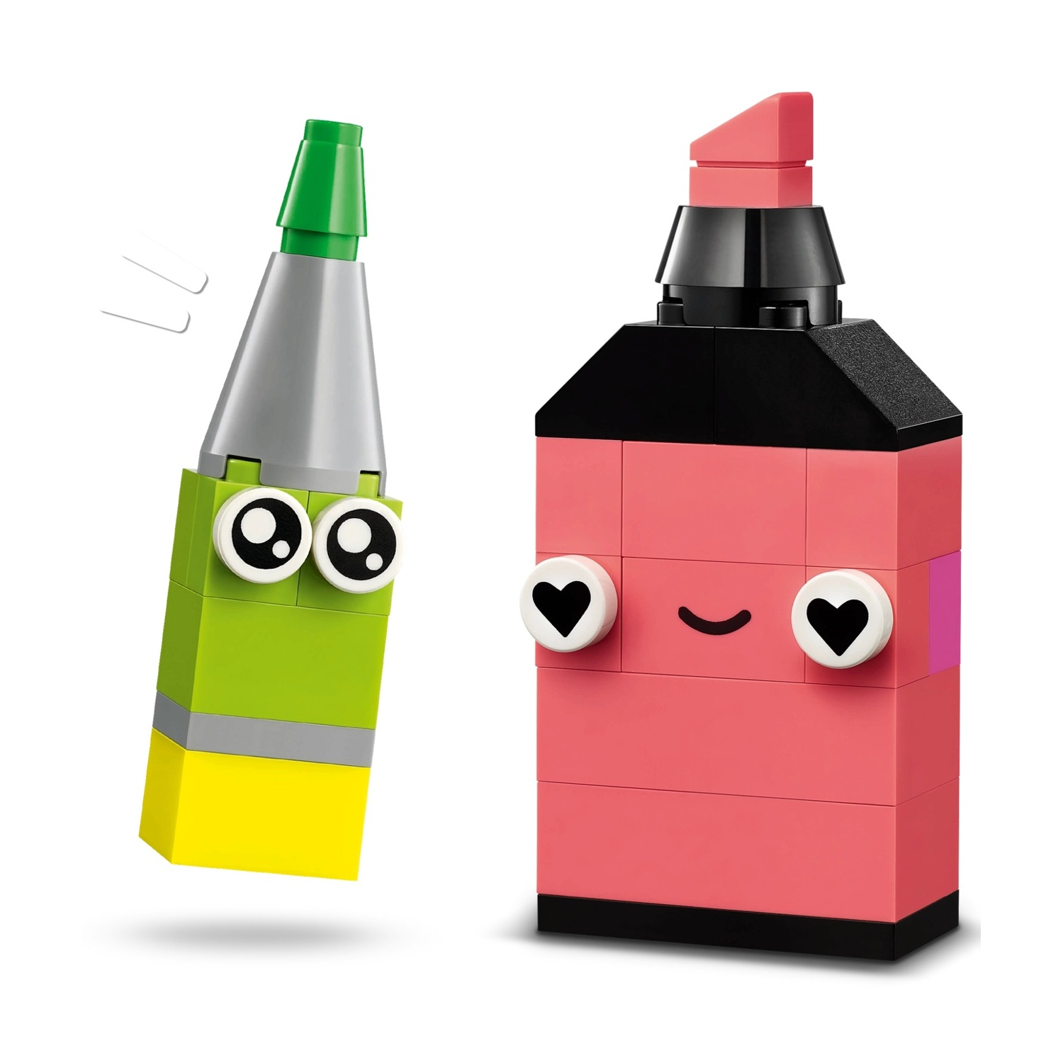 Due pennarelli Lego. Uno verde e argento, l'altro rosa e nero. Entrambi hanno facce fatte di mattoncini Lego con occhi e sorrisi.
